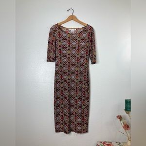 Sans Souci Tribal Print Boho MIDI Dress Form Fitting Elbow Length Sleeves